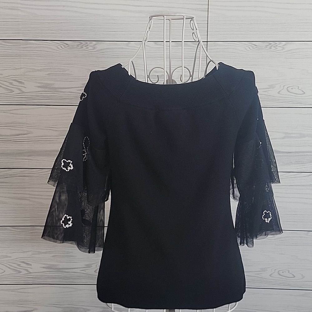 I-N-C pullover sweater black with tulle ruffle sleeves  Size L ( runs small) - Picture 7 of 10